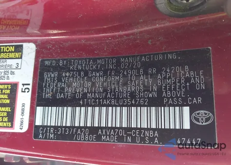 2020 Toyota Camry Le z USA, uszkodzony, nr VIN 4T1C11AK8LU354762